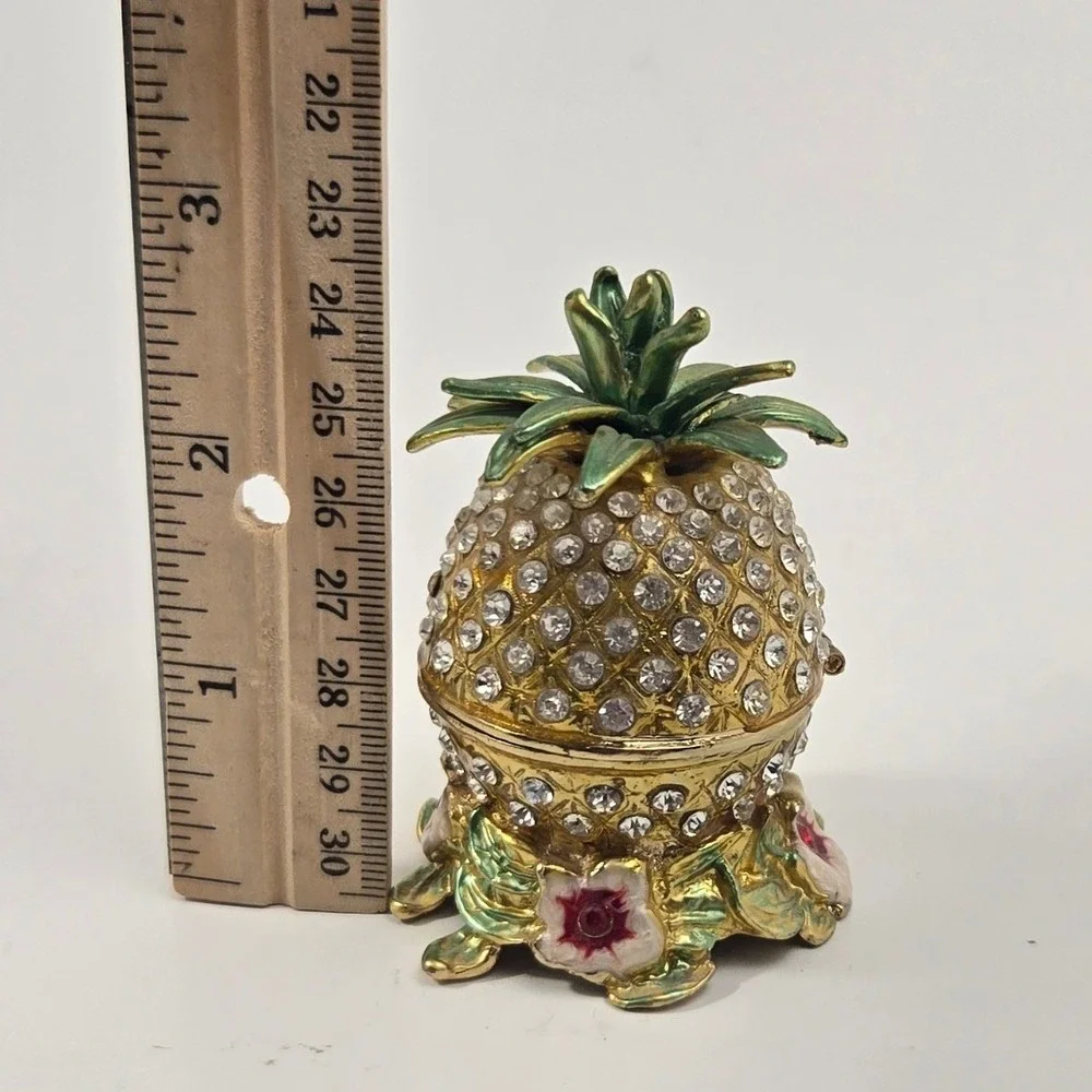 Vintage Gold Tone Rhinestone Pineapple Trinket Box Enameled Hinged Jewelry Case
